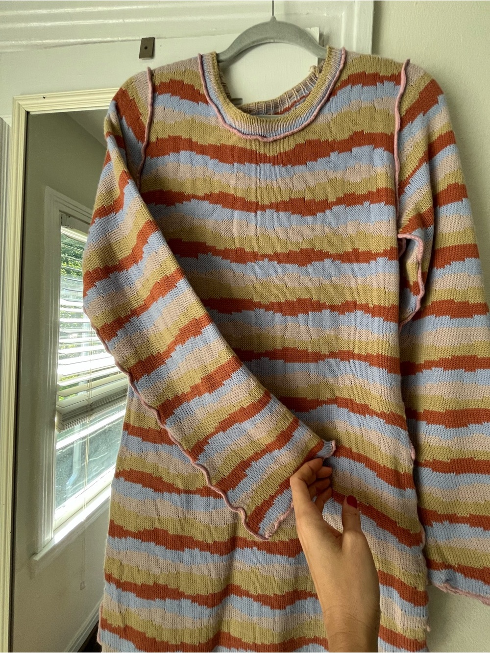 Le Lis Striped Crewneck Sweater in Blue, Rust, and Cream